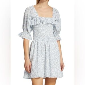 S WAYF Tonya Smocked Mini Dress blue and white floral